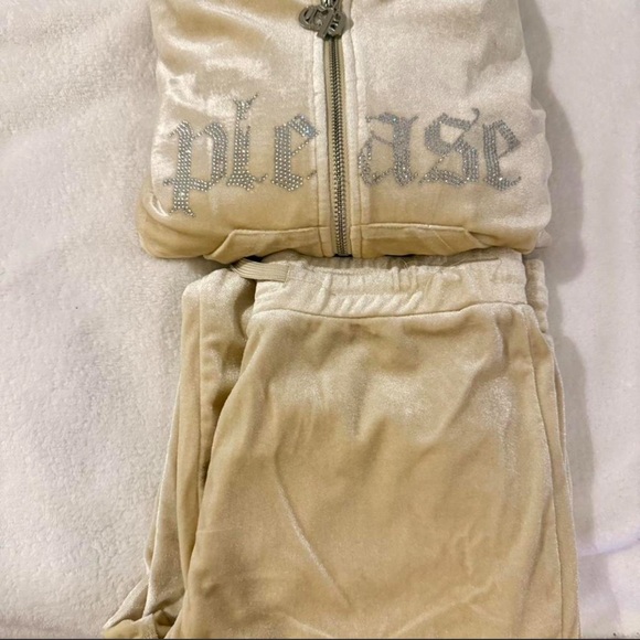 Pants - Beige Velour Tracksuit with Rhinestone Detail